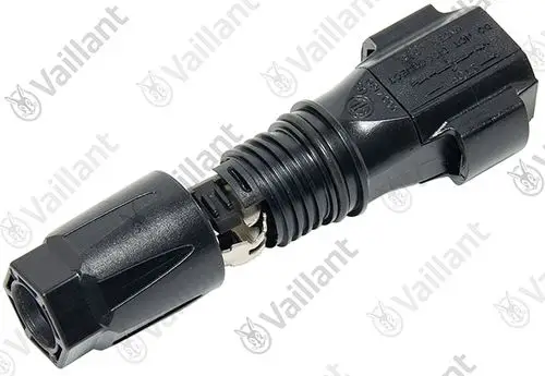 Vaillant Stecker mit Hülse, geeignet für PV-Anwendungen. Der Stecker hat eine schwarze Kunststoffausführung und ist für verschiedene Spannungen ausgelegt.